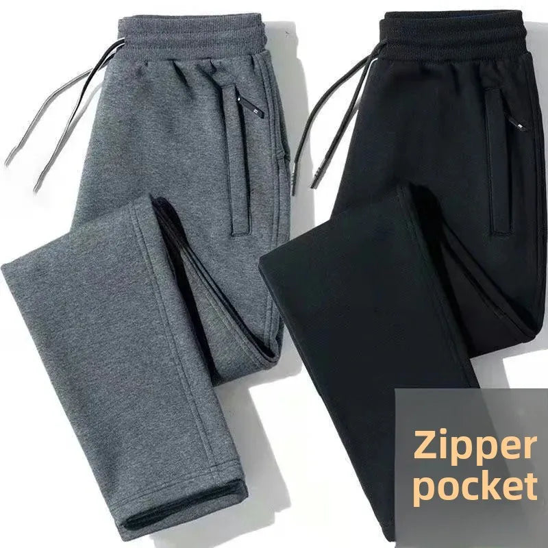 Fleece-Lined Men's Sweatpants Winter Loose-Fit Plus Size Thickened Casual Pants Zip-Up Straight-Leg Trousers Spring Autumn