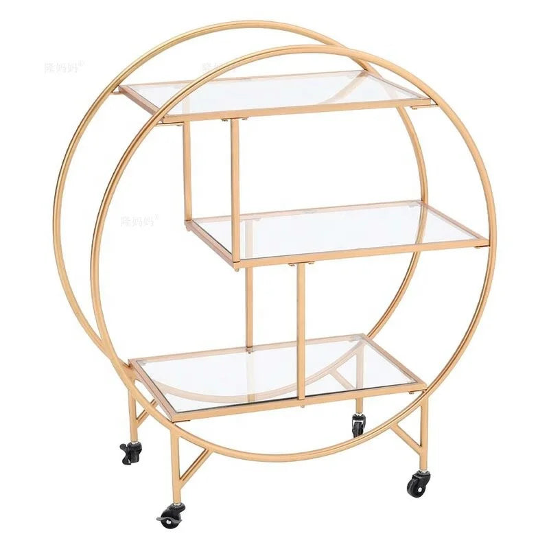 Light Luxury Round Frame With 4 Wheel 3 Tier Gold Metal With Mirror Trolley Bar Cart Hotel Furniture Cart Home Garden Storage