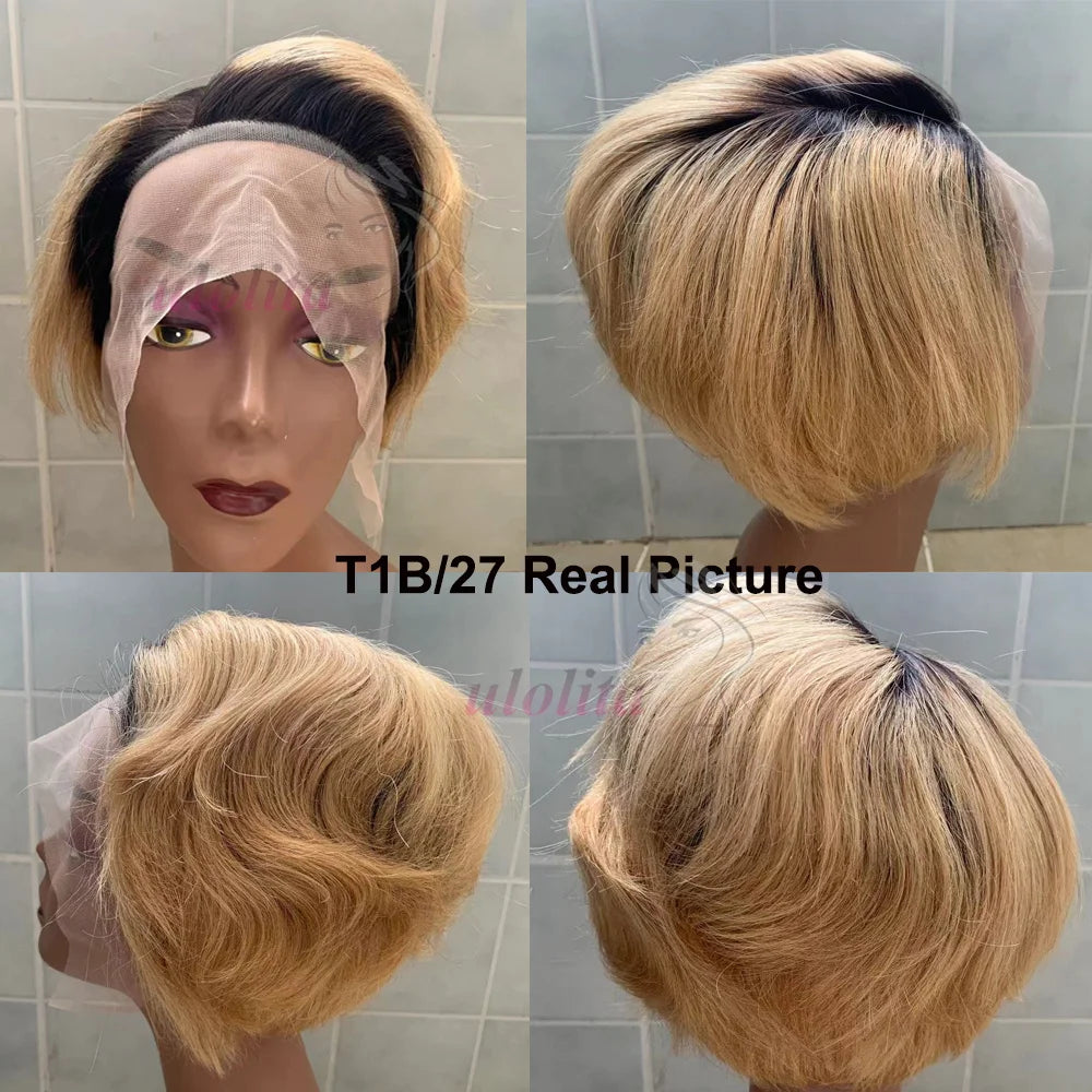 Short Bob Wig Pixie Cut Wig Straight Human Hair Wigs 13x4 Transparent Lace Fronta Wig For Women Highlight Straight Pixie Cut Wig