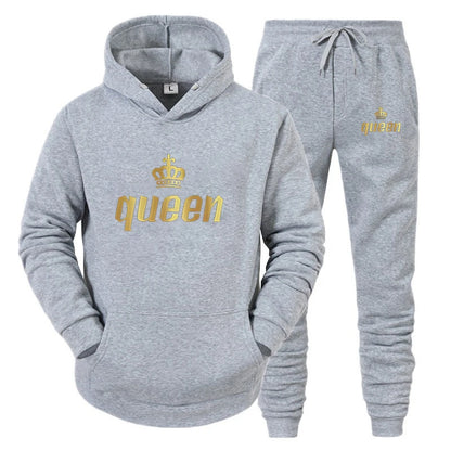 Fashion Long Sleeves KING And QUEEN Printed Hooded Suits Autumn Winter Couple Hoodie + Pants 2-Piece Suit