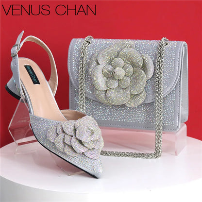 Peach Color Elegant Lady Shoes And Bag Set with Rhinestone Embellished Pearls-knot Wear-resistant And Comfortable Heel