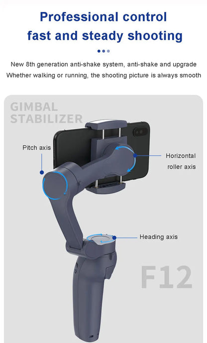 QAML The Newest F12 APP function 3-Axis Handheld Gimbal Optional AI Face Smart Tracking Smartphone Stabilizer with fill light