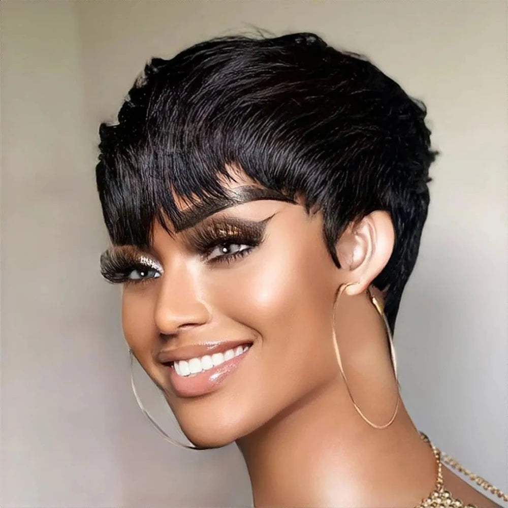 Short Pixie Cut Wig Human Hair For Black Women Machine Made Wigs With Bangs Short Wig Human Hair Wigs