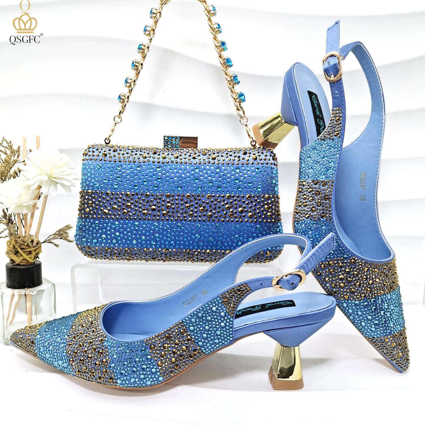 QSGFC INS 2024 Gold Color Elegant Women Heels Shoes and Bag Set Hollow Rhinestones  High Heels Wedges Shoes Matching Bag