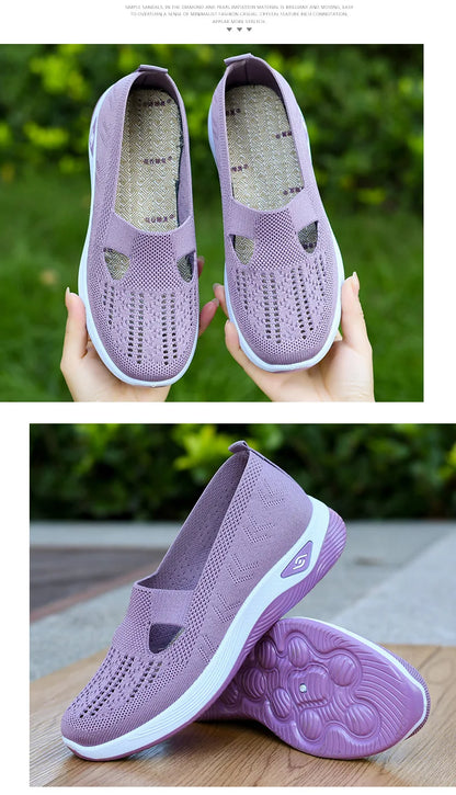 Women's New Summer Shoes Mesh Breathable Sneakers Light Slip on Flat Platform Casual Shoes Ladies Anti-slip Walking Woven Shoes