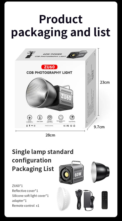 60W COB Video Light CRI≥90 TLCI≥97 Continuous Output Lighting Dual Color Temperature 2700K-6500K Portable Mini Bowens Live Light