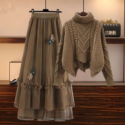 Oversized Women's Autumn Set 2023 New Temperament Senior Knitted Sweater Mesh Half Skirt Two Piece Set Fashion