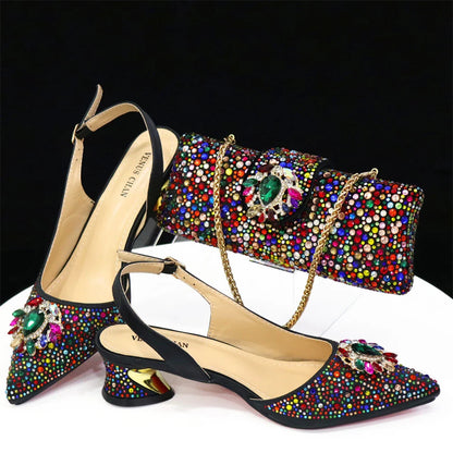 Elegant And Sexy Champagne Color High Heels Shoes And Bag With Rhinestone Embellished Toe Is Comfortable Women's Shoes For Party