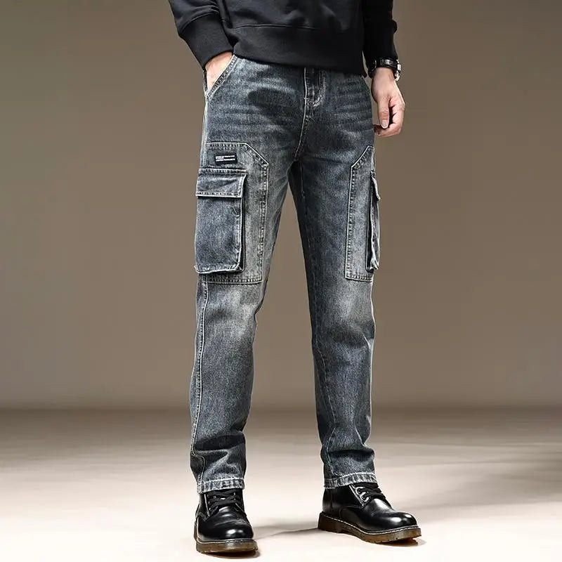 American Fashion High Street Loose Straight Cargo Jeans Men's Solid Patchwork Button Zipper Pockets Versatile Casual Pants 2024