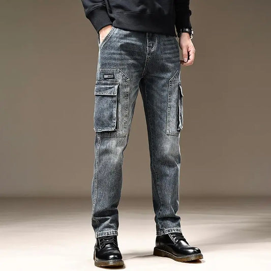 American Fashion High Street Loose Straight Cargo Jeans Men's Solid Patchwork Button Zipper Pockets Versatile Casual Pants 2024