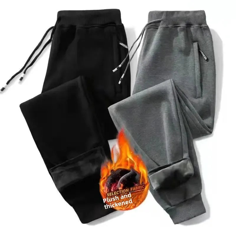 Fleece-Lined Men's Sweatpants Winter Loose-Fit Plus Size Thickened Casual Pants Zip-Up Straight-Leg Trousers Spring Autumn