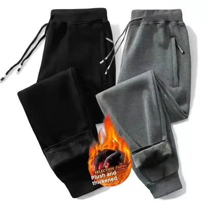 Fleece-Lined Men's Sweatpants Winter Loose-Fit Plus Size Thickened Casual Pants Zip-Up Straight-Leg Trousers Spring Autumn