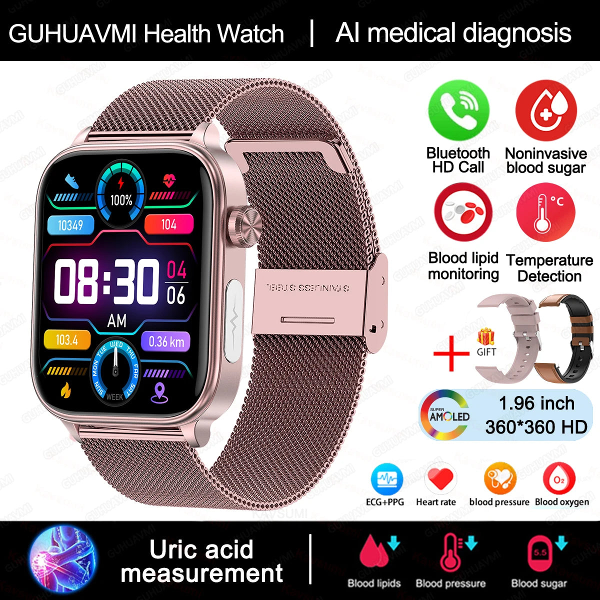 AI Medical Grade Health Smart Watch Women ECG+PPG+HRV Micro Examination Blood Sugar Fat Uric Acid Heart Rate BT Call Smartwatch