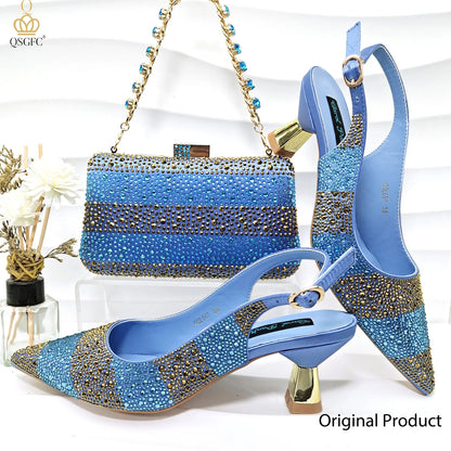 QSGFC Nigerian Women Heel Party Ladies Italian Design Green Shoes And Bag Set Decorated with Rhinestone Handbag Wedding Party