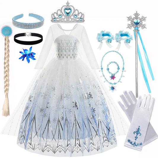 Disney Frozen Costumes for Girls Cosplay Elsa Princess Snow Queen Long White Dresses Halloween Carnival Clothes Fire Spirit Olaf