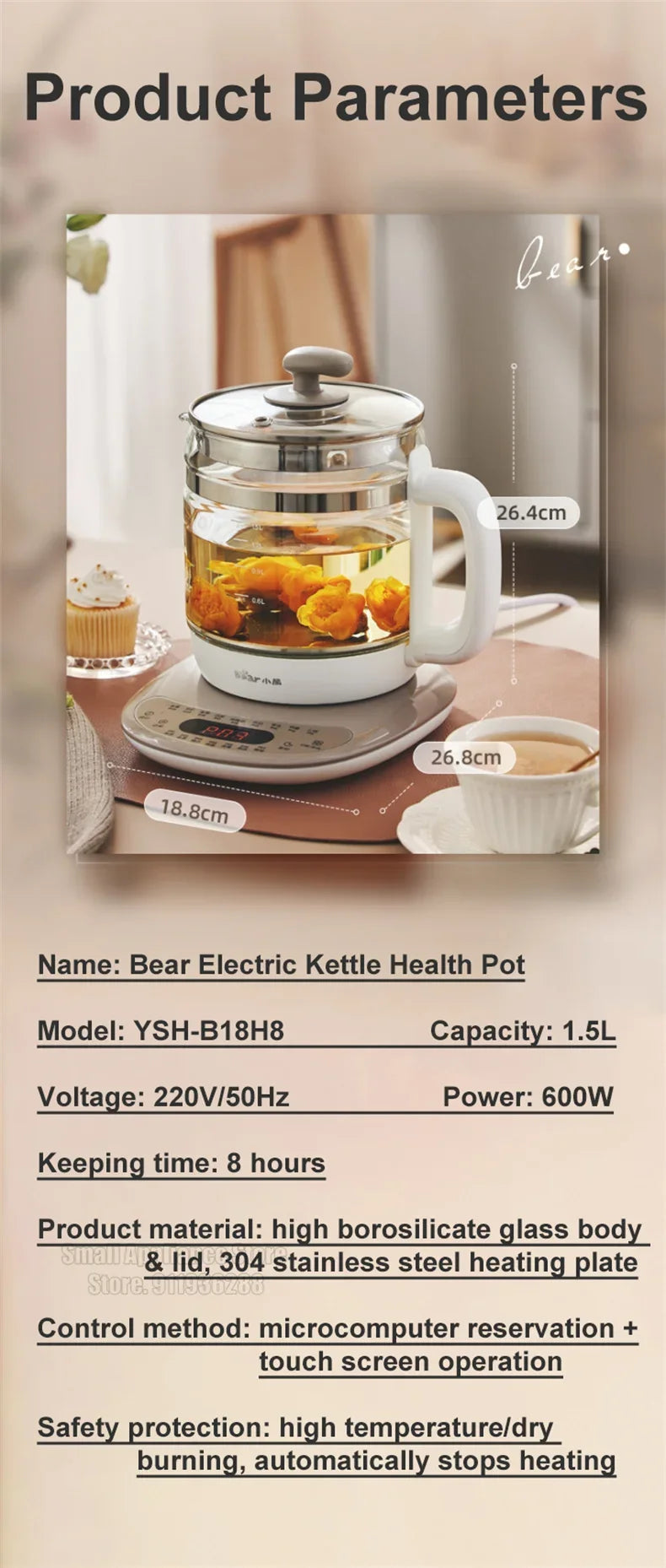 Bear Electric Kettle Multifunction Health Pot 1.5L Desert Flower Tea Stew Soup Porridge Cooker 24H Reservation For Kitchen