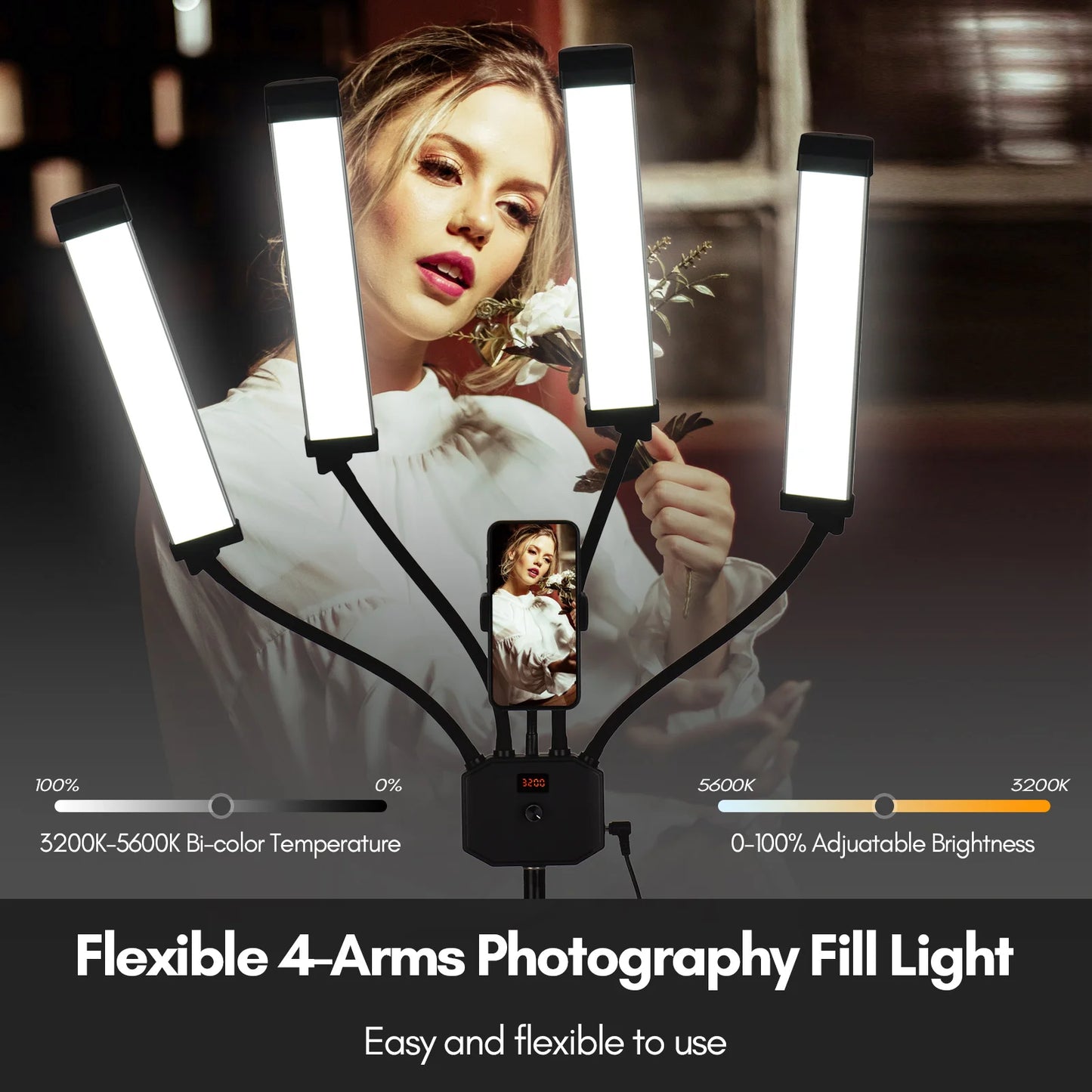 Flexible 4-Arms/Dual-arm LED Video Light Photography Fill Light 3200K-5600K with Metal Light Stand for Makeup Live Streaming