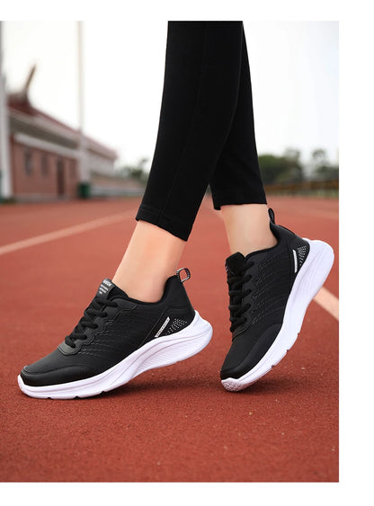 Waterproof Leather Chunky Sneakers for Women, Running Shoes, Casual Sports Shoes, Black Trainers, Autumn, Spring