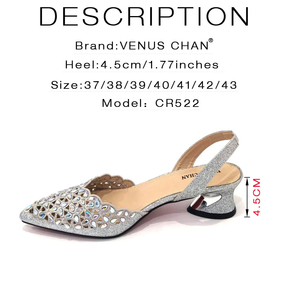 Venus Chan Low Heel Shoes for Women Hollowed Out Embroidery Rhinestone Italian Design Gold Color Pointed-Toe Shoes and Bags Set