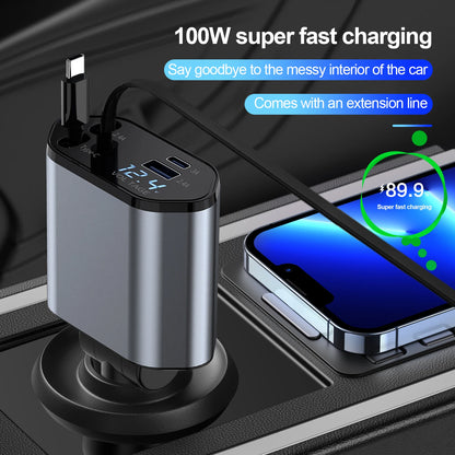 4 in 1 Retractable Car Charger, 100W Quick Charge with 2 USB Port, Retractable Iphone Charger & Tap-c Charger, Retractable Cable