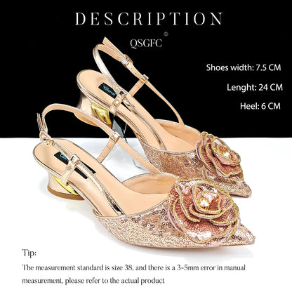 New Arrival Elegant Full of Rhinestone Flower Design Style White Color Party Wedding Pointed Toe Women Shoes and Bag Set