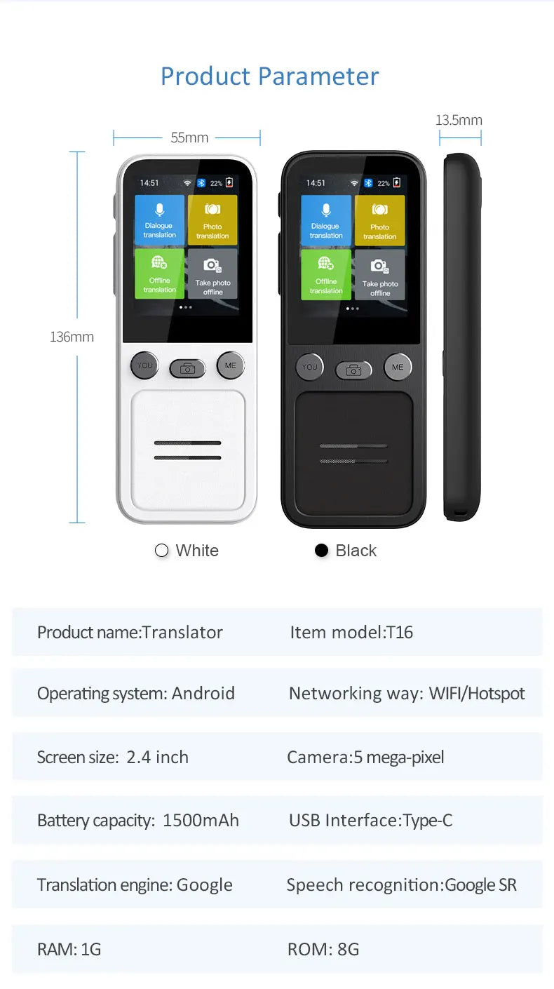 Portable T16 Instant Intelligent Voice Translation Recording 138 Language Real Time Smart Offline Translation Machine