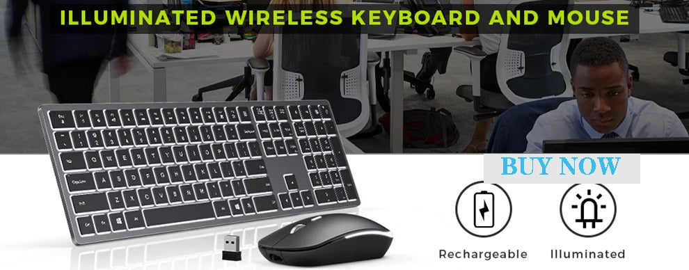 Wireless Keyboard and Mouse Combo RGB Backlit, Rechargeable Light Up Letters, Full-Size, Ergonomic, Sleep Mode, 2.4GHz