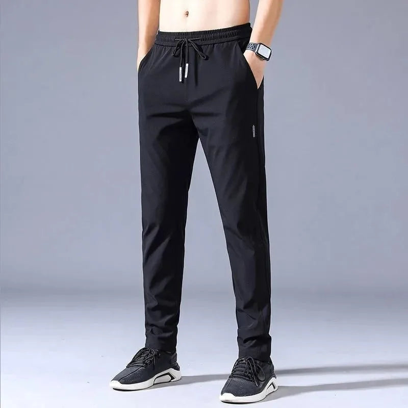 Ice Silk Men's Pants 2024 Summer New Black Gray Thin Business Casual Pants Outdoor Elastic Breathable Straight Leg Sweatpants