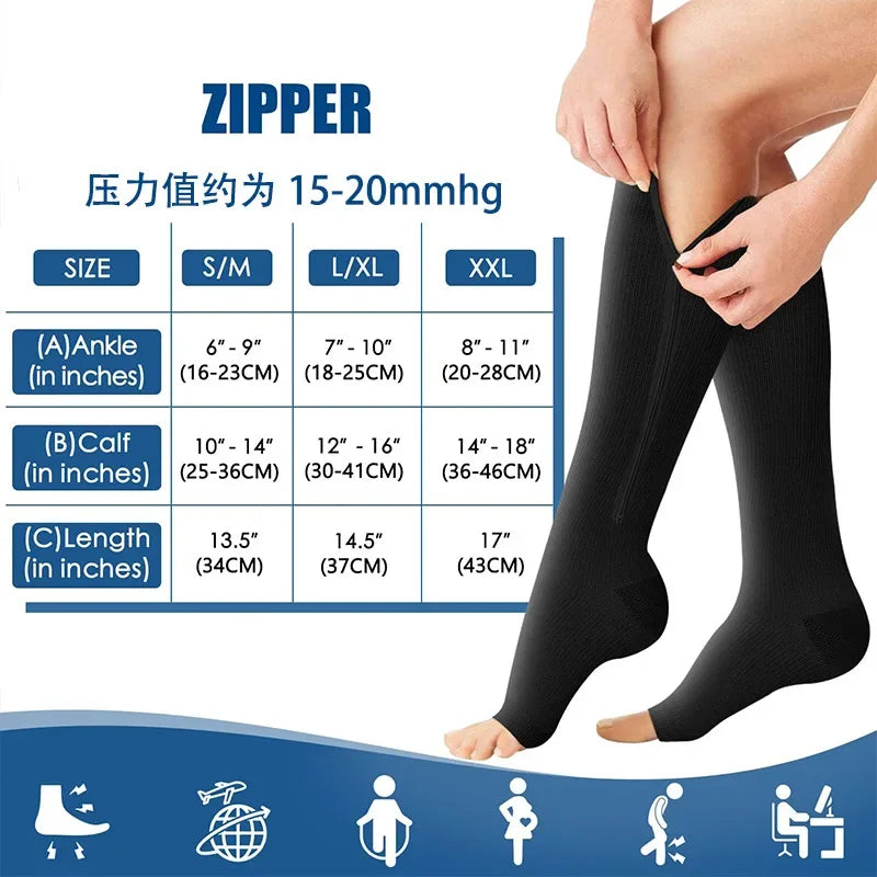 Medical Zipper Compression Sock Women Men High Elasticity Nylon Closed Toe Pressure Stocking for Edema Varicose Veins