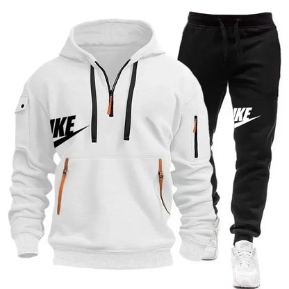 Spring and autumn new men's zipper hoodie + pants two-piece set, outdoor jogging multi-pocket men's casual pullover sports suit