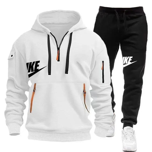 Spring and autumn new men's zipper hoodie + pants two-piece set, outdoor jogging multi-pocket men's casual pullover sports suit