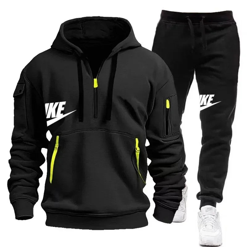 Spring and autumn new men's zipper hoodie + pants two-piece set, outdoor jogging multi-pocket men's casual pullover sports suit