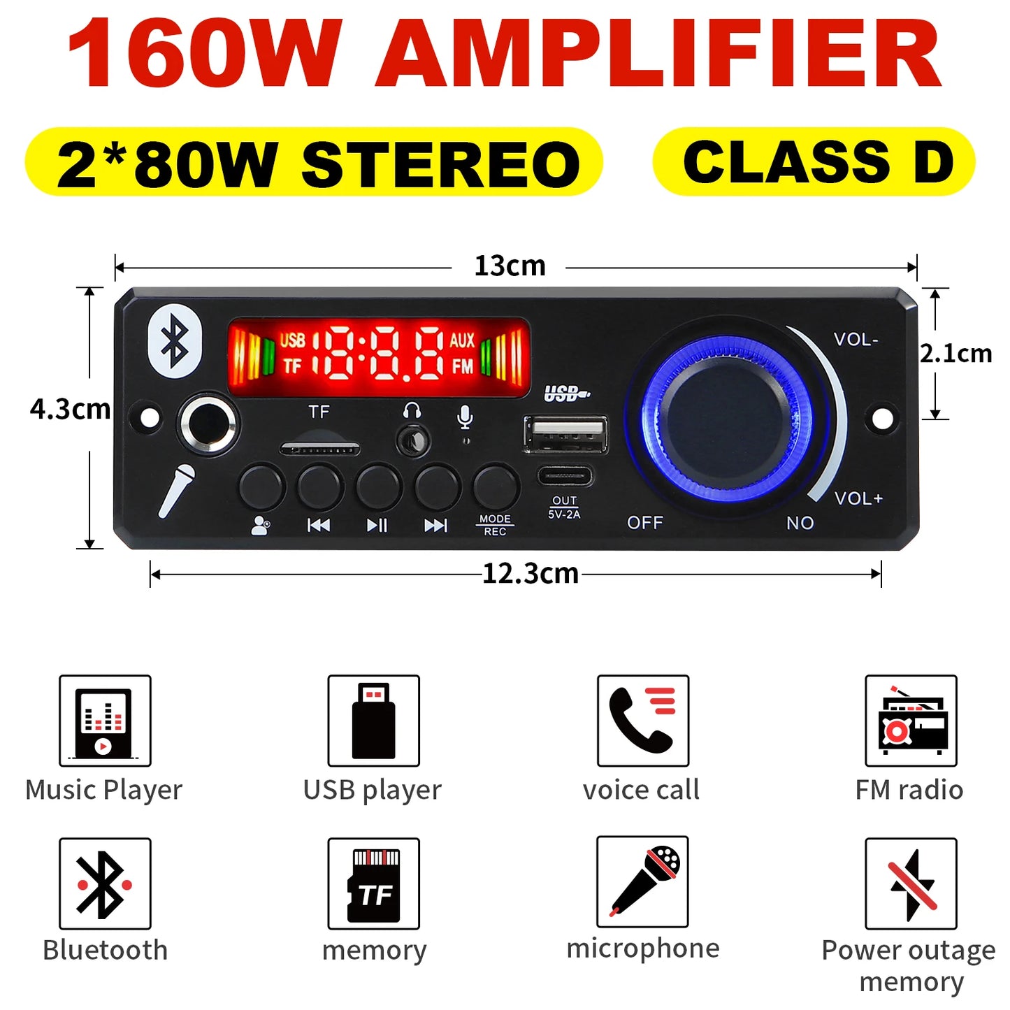 Bluetooth 5.0 MP3 Decoder Board 160W 150W Amplifier Audio Player 12V DIY MP3 Player Car FM Radio Module TF USB Mic Record Call