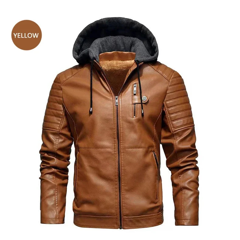 Fashion Men's Hooded Jacket Autumn Winter Faux Leather Jacket Men Military Style Outwear Motocycle New Brand Zipper Pockets Coat