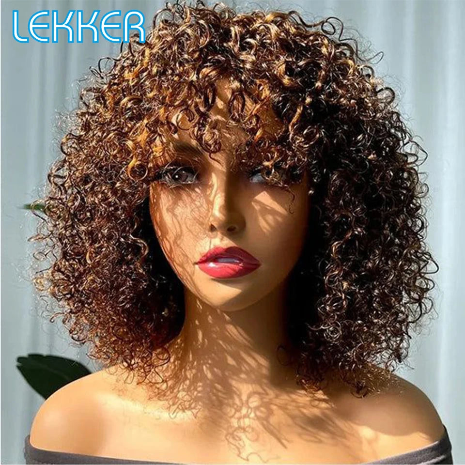 Lekker Colored Short Pixie Afro Kinky Curly Bob 100% Human Hair Wigs With Bangs For Women Brazilian Remy Hair Ombre Brown Wigs