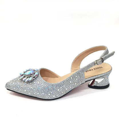 Elegant And Sexy Champagne Color High Heels Shoes And Bag With Rhinestone Embellished Toe Is Comfortable Women's Shoes For Party