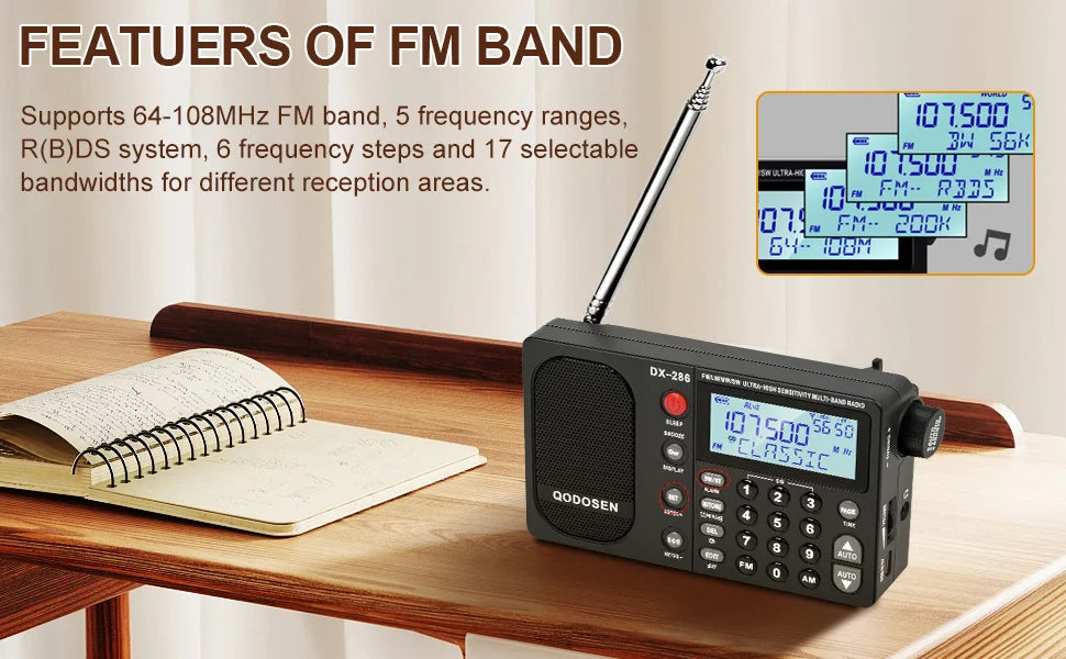 QODOSEN DX-286 Portable Radio AM/FM/LW/SW Digital World Full Band Radio with tef6686 Car Chip