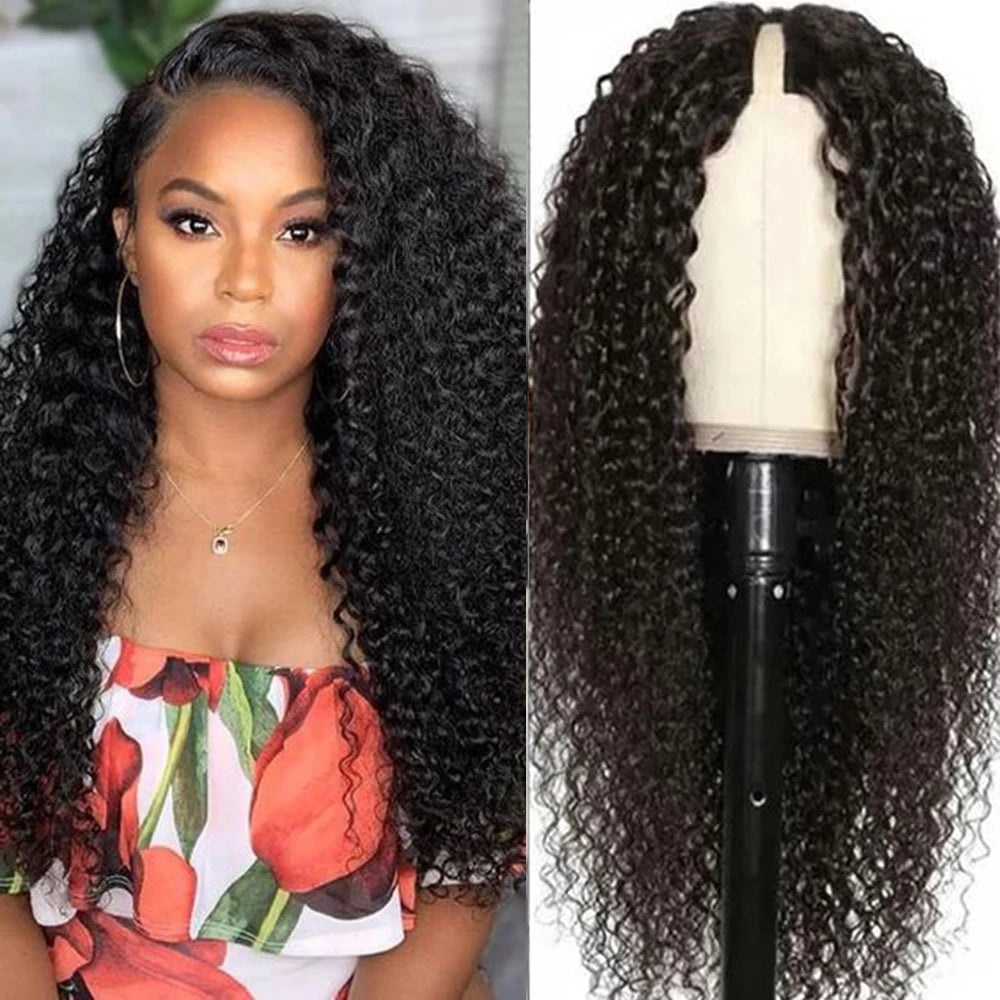 Kinky Curly U V Part Wig Human Hair No Leave Out No Glue Brazilian Deep Curly Wave U Part Human Hair Wig for Women 180% Density