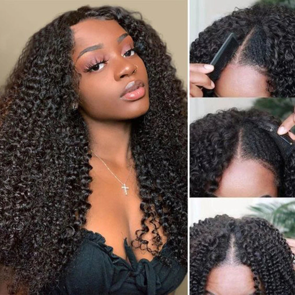 Kinky Curly U V Part Wig Human Hair No Leave Out No Glue Brazilian Deep Curly Wave U Part Human Hair Wig for Women 180% Density