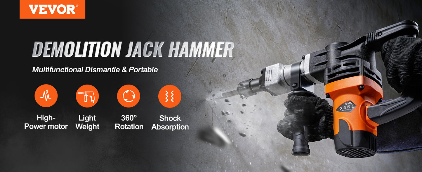 VEVOR 1400W Demolition Jack Hammer Electric Jackhammer Heavy Duty 2900 BPM Concrete Breaker 2pcs Chisels Bits Chipping